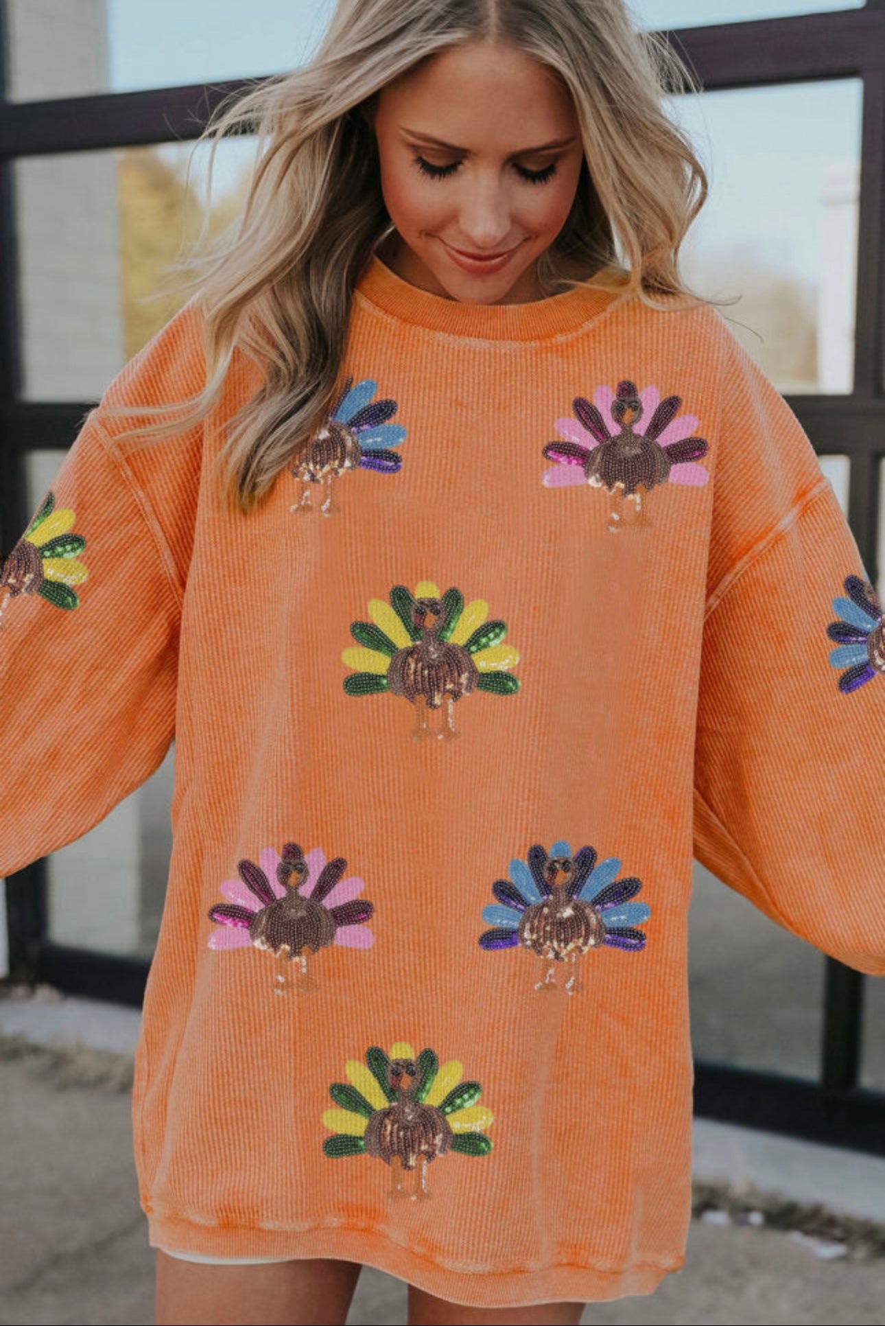 SEQUIN TURKEY PULLOVER: ORANGE