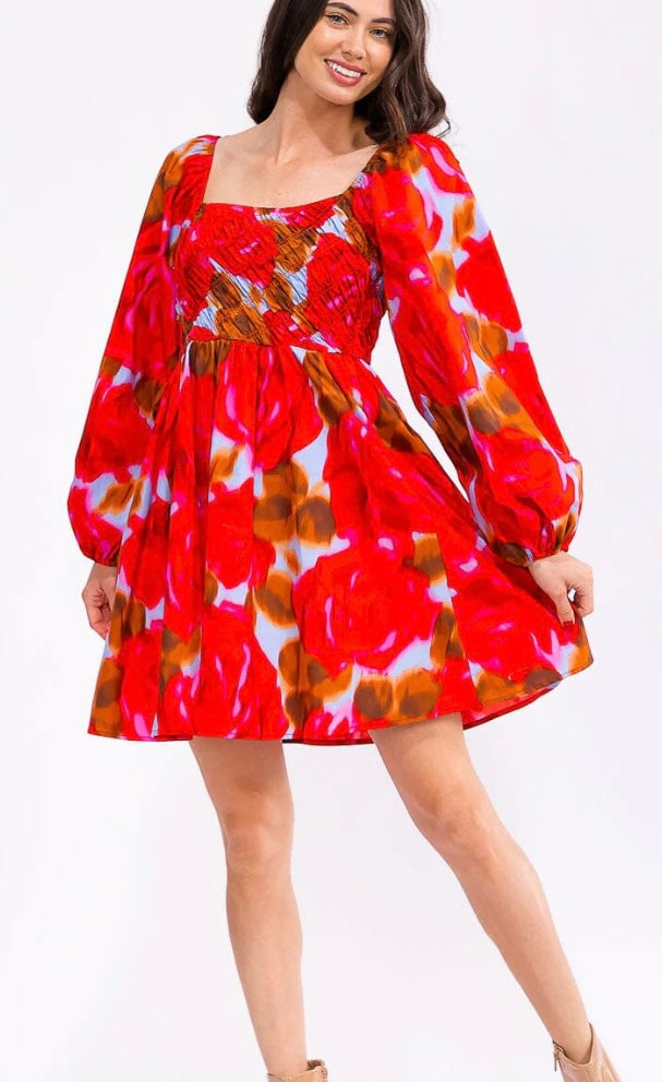 RED MULTI PUFF SLEEVE DRESS