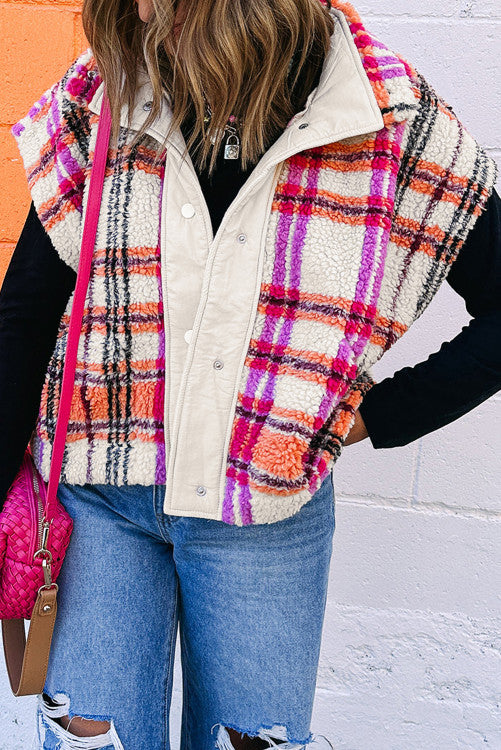 PINK PLAID SHERPA VEST