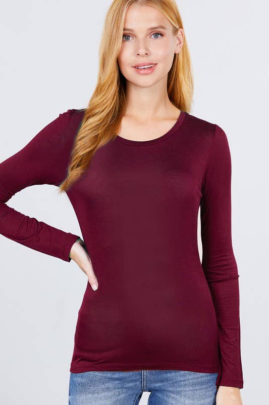 LONG SLEEVE ROUND NECK TOP: BURGUNDY