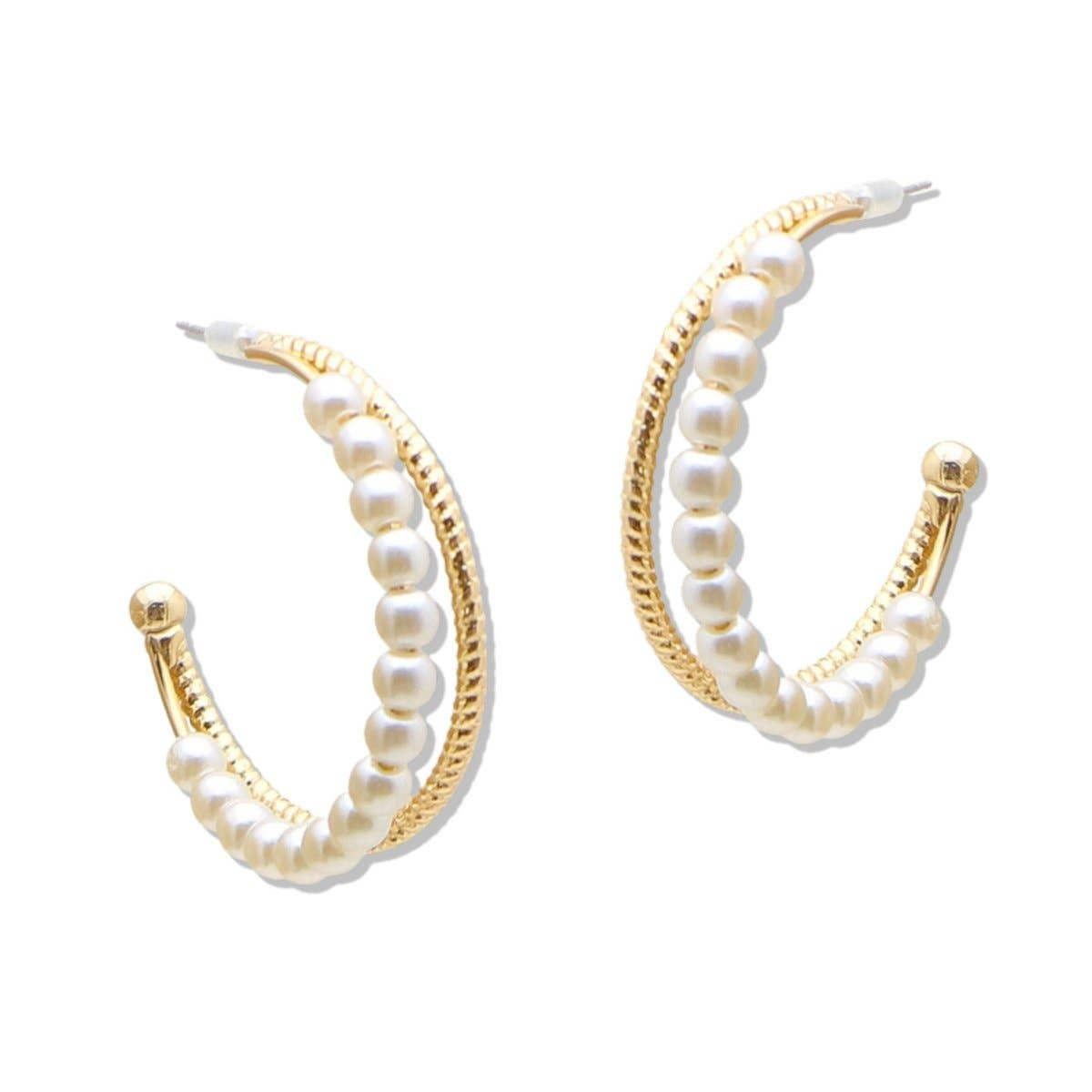 GOLD PEARL DOUBLE HOOPS