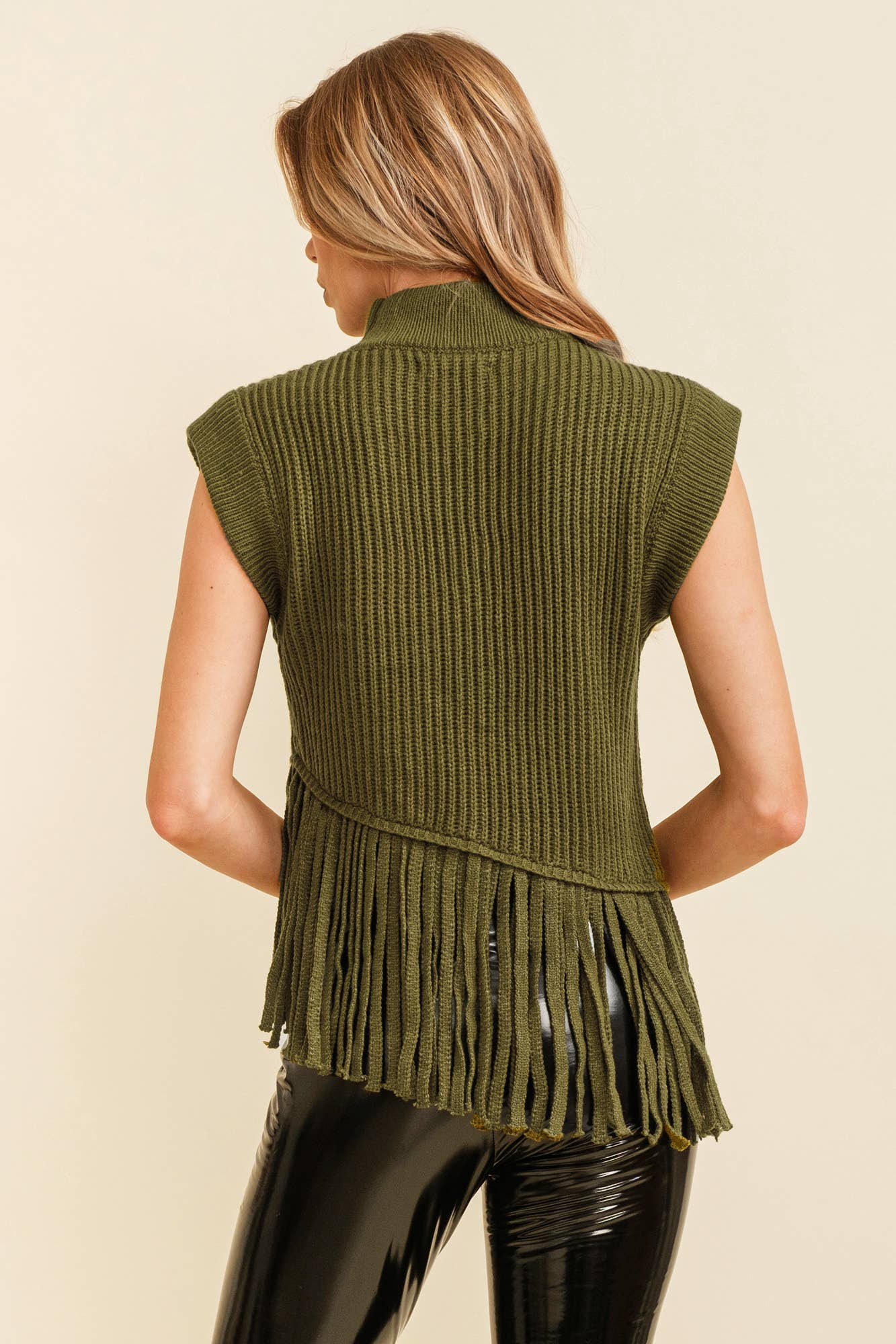 FRINGE TURTLENECK SWEATER: OLIVE