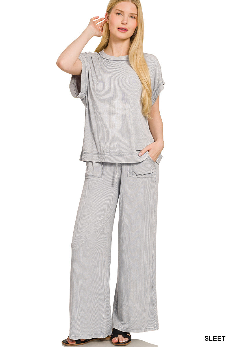 RIBBED KNIT PANT SET: SLEET