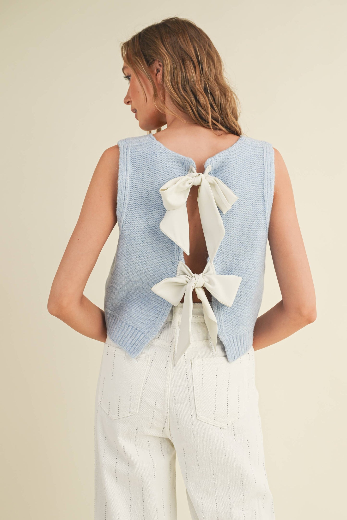 BACK BOW TIE SWEATER: POWDER BLUE