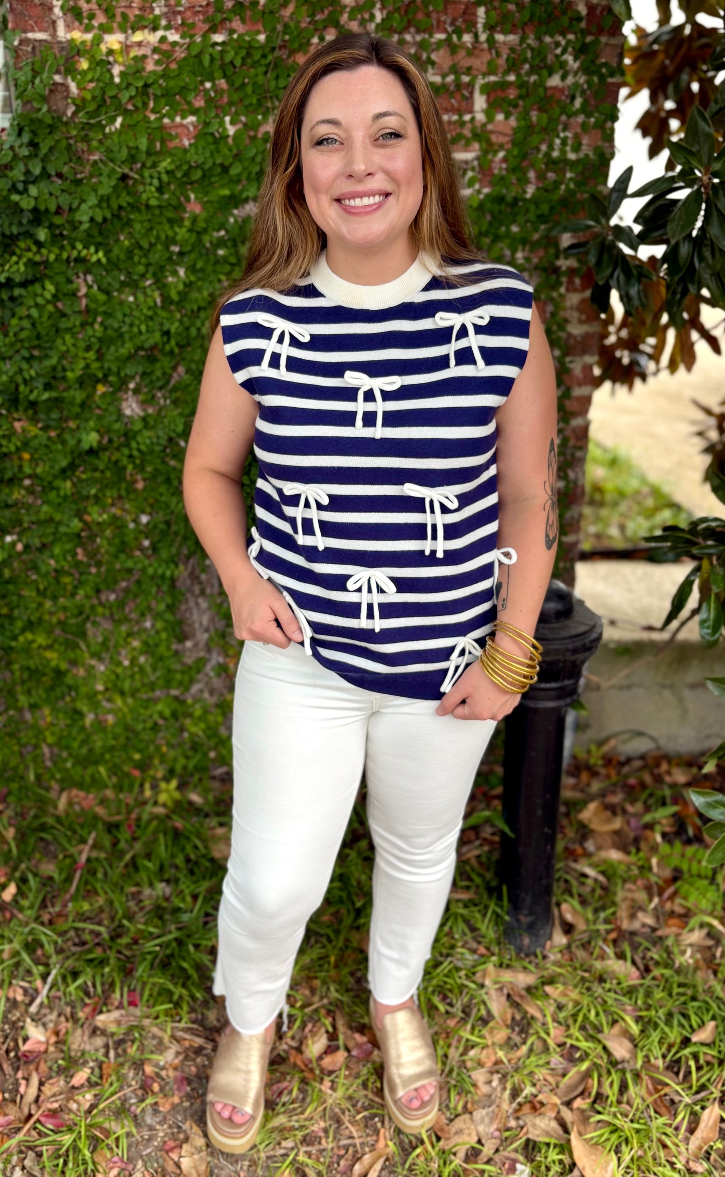 NAVY WHITE STRIPE BOW TOP