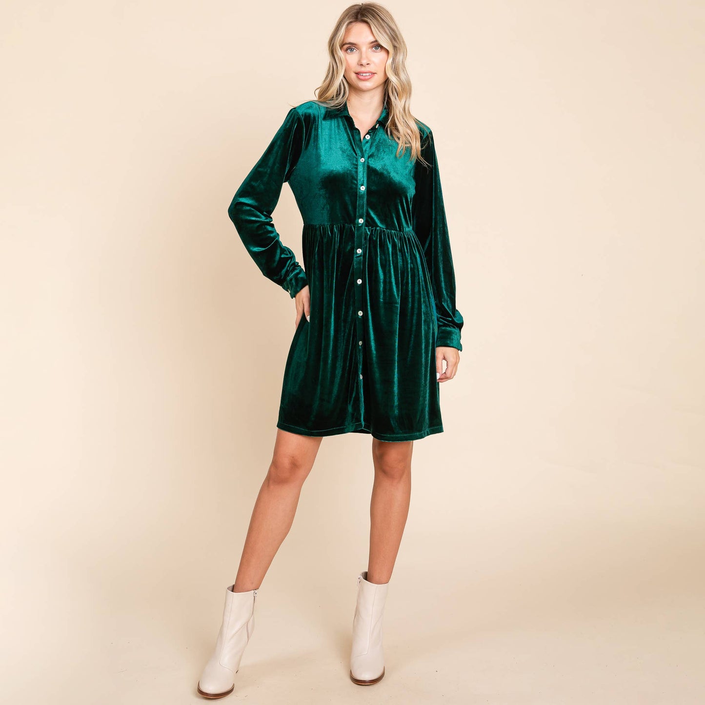 EMERALD VELVET SMOCKED WAIST DRESS