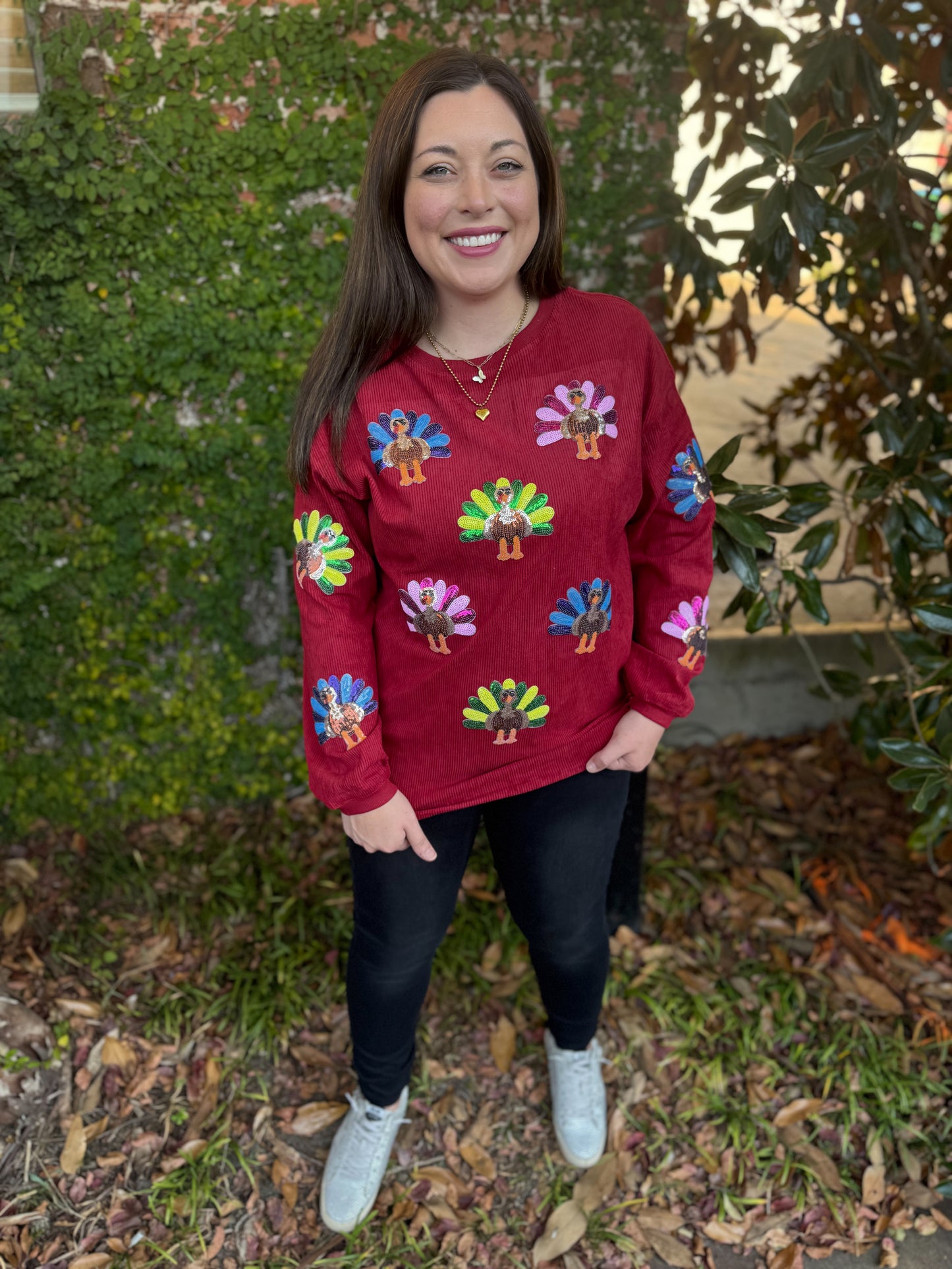 SEQUIN TURKEY PULLOVER: BURGUNDY