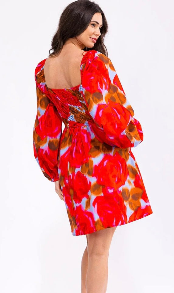 RED MULTI PUFF SLEEVE DRESS