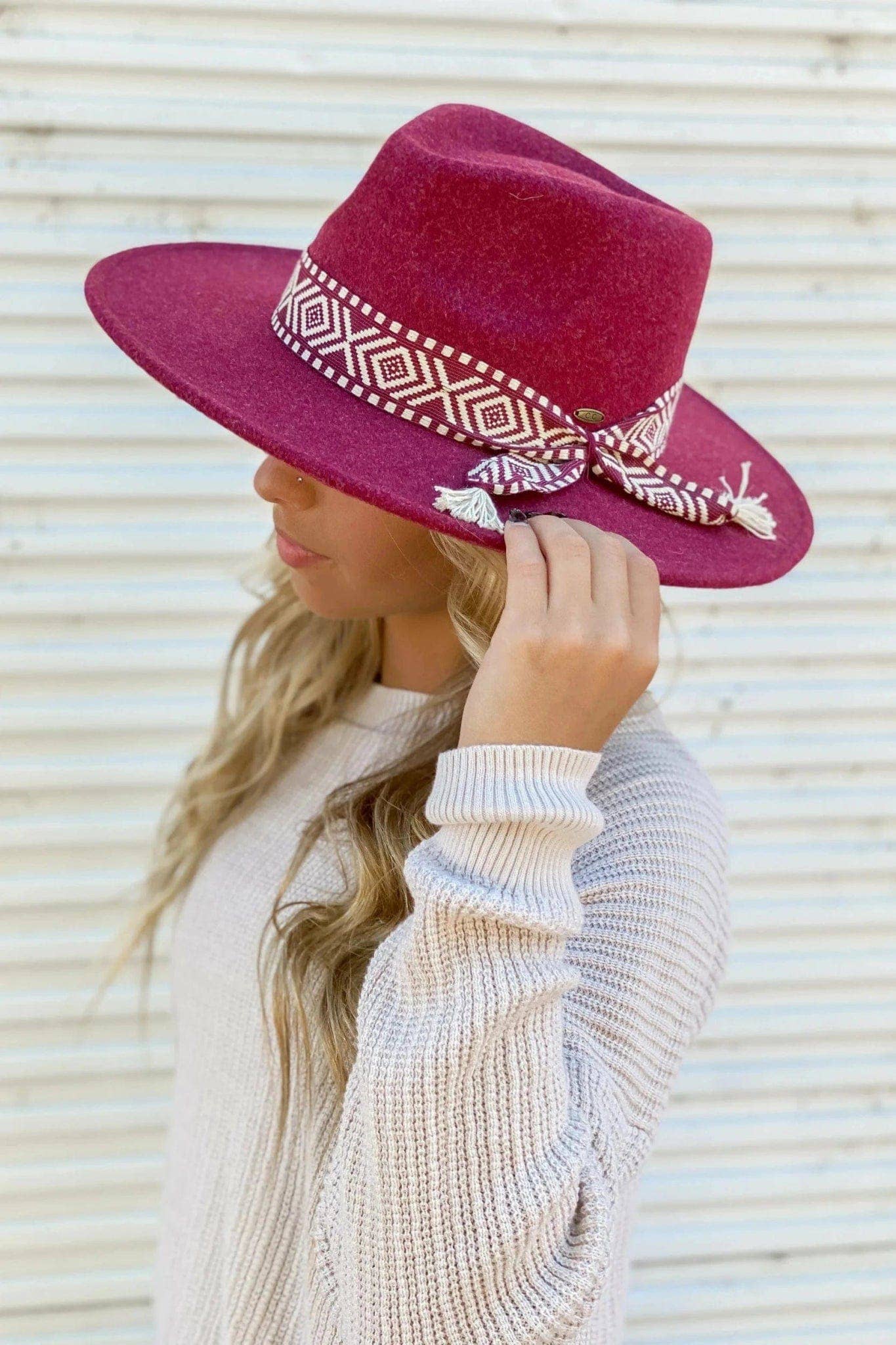 FELT PANAMA HAT W/ AZTEC TRIM: TAUPE