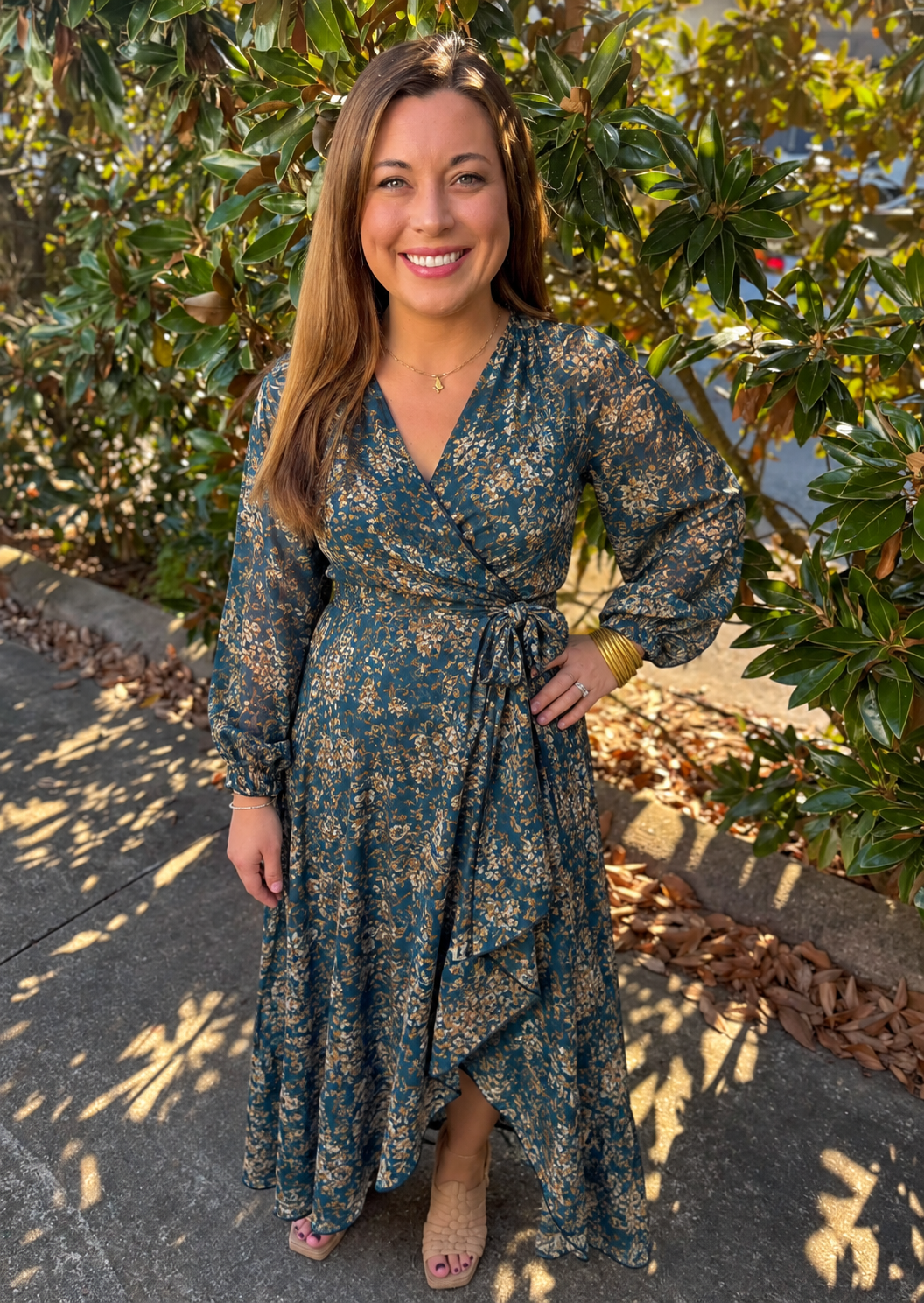 EMERALD GOLD VNECK WRAP DRESS