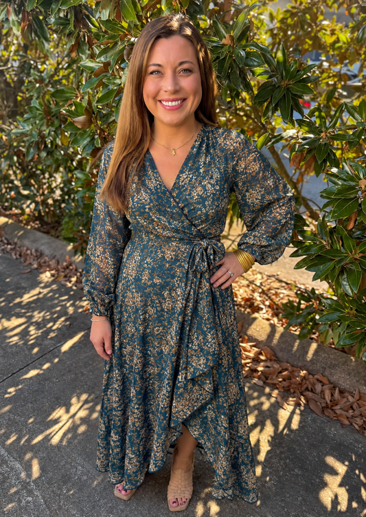 EMERALD GOLD VNECK WRAP DRESS