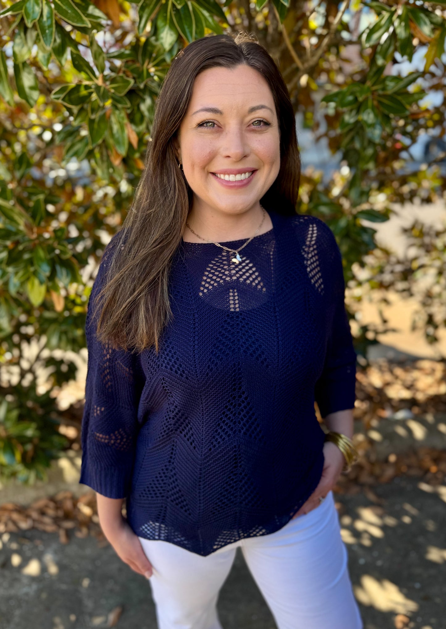 NAVY CROCHET SWEATER