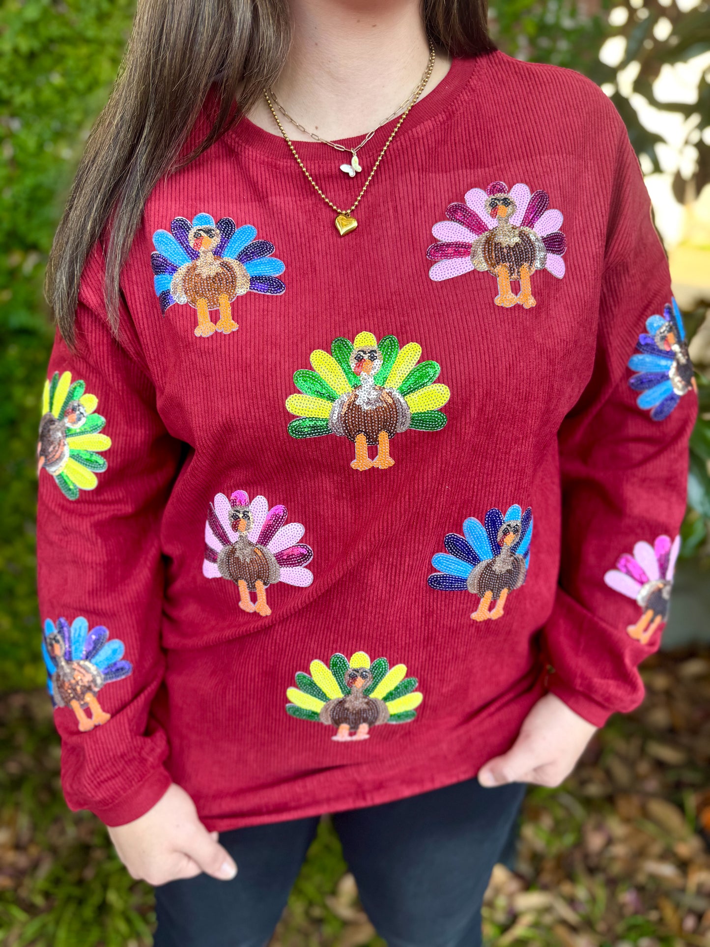 SEQUIN TURKEY PULLOVER: BURGUNDY