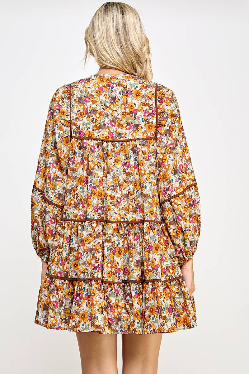 RUST FLORAL BALLOON SLEEVE DRESS