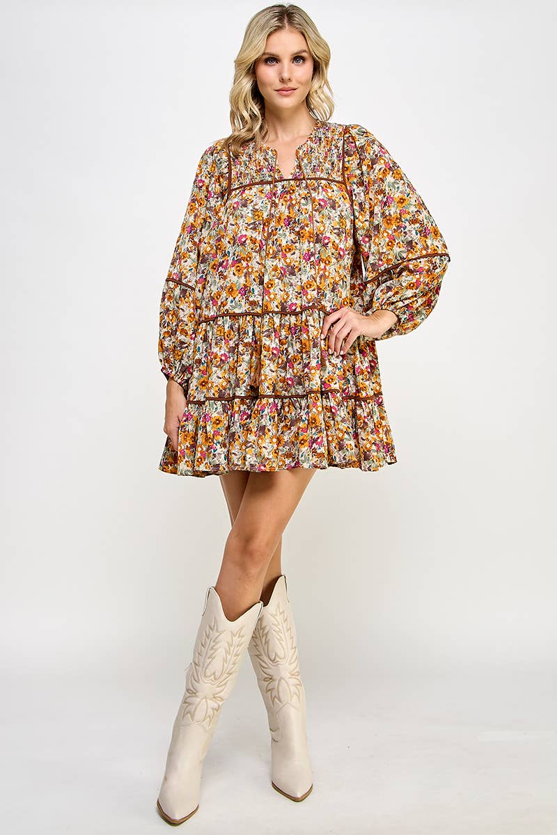 RUST FLORAL BALLOON SLEEVE DRESS