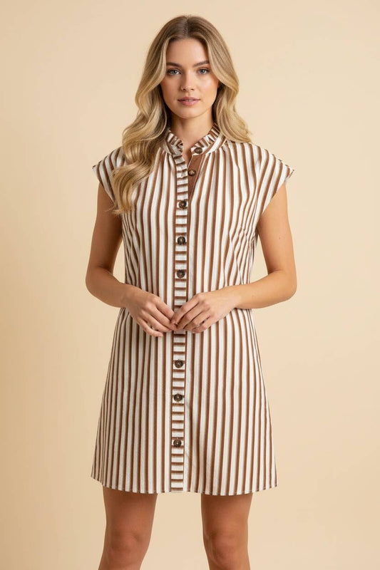 STRIPED BUTTON DRESS: RUST