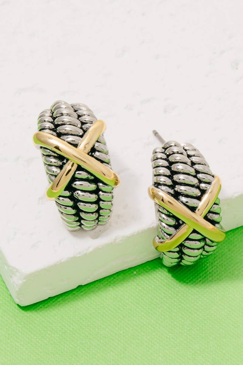 TWO TONE X HOOP EARRING