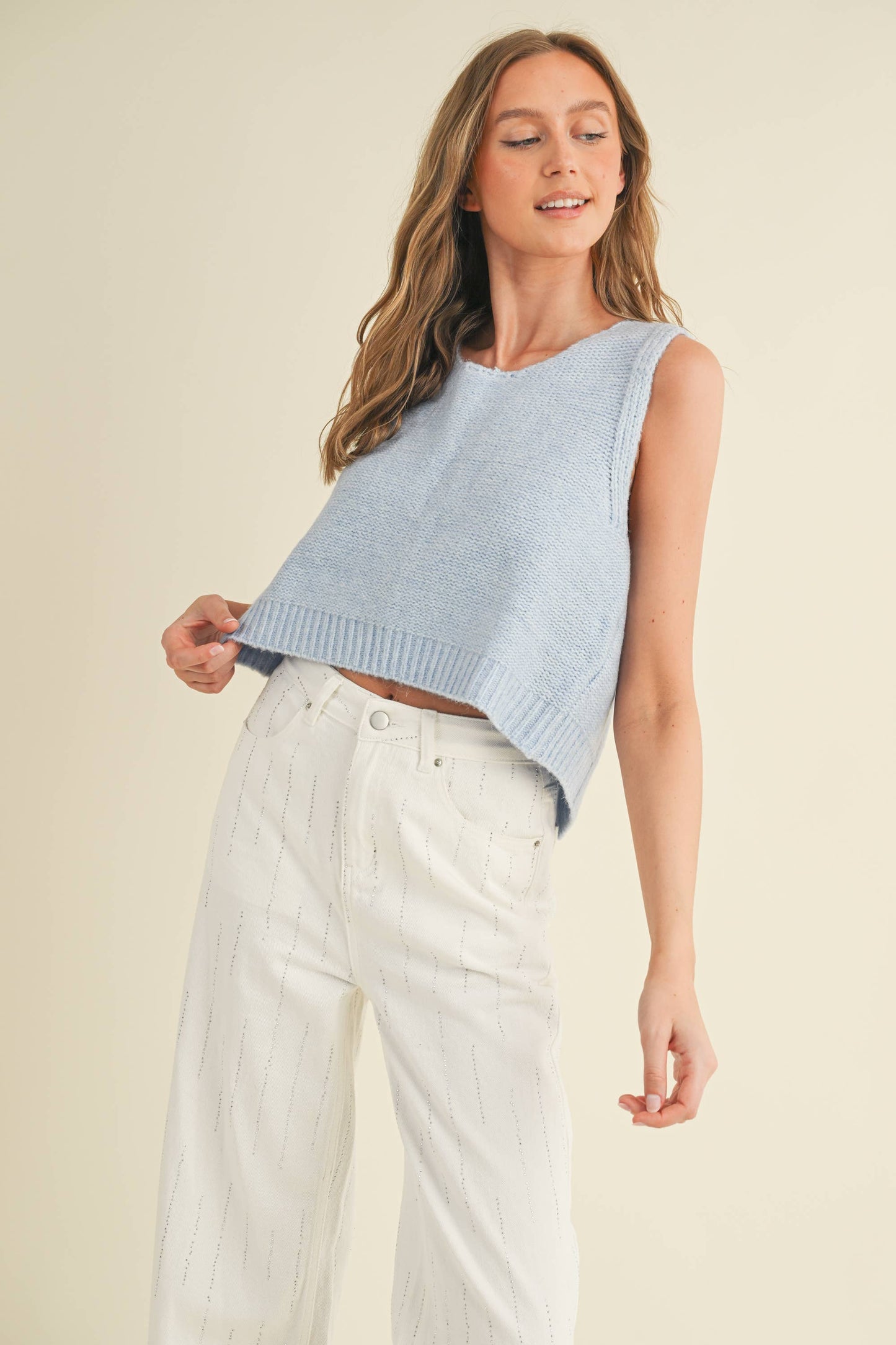 BACK BOW TIE SWEATER: POWDER BLUE