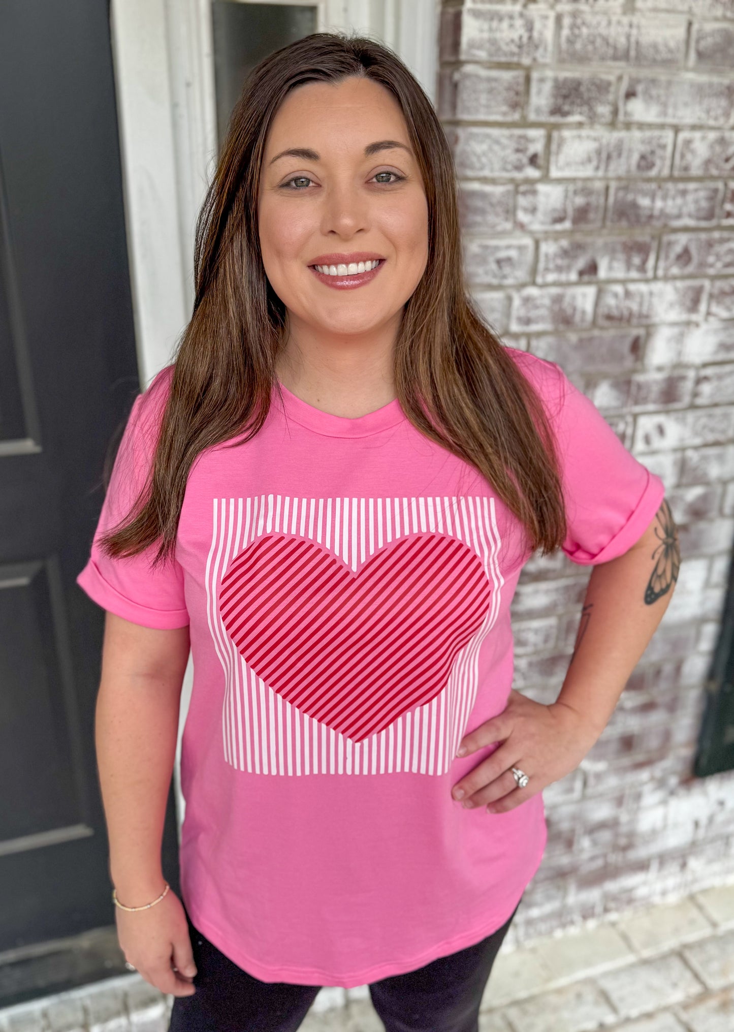 PINK STRIPED HEART TEE