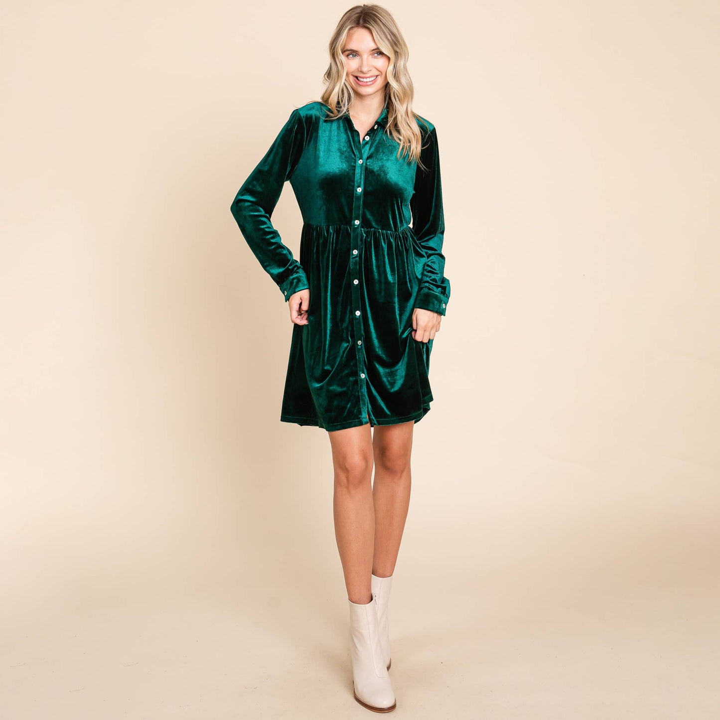 EMERALD VELVET SMOCKED WAIST DRESS