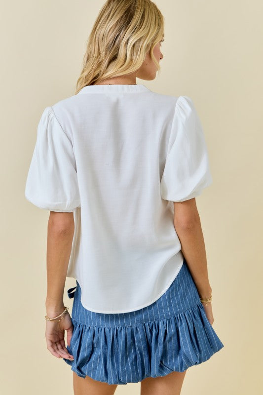 WHITE BUBBLE SLEEVE VNECK BLOUSE