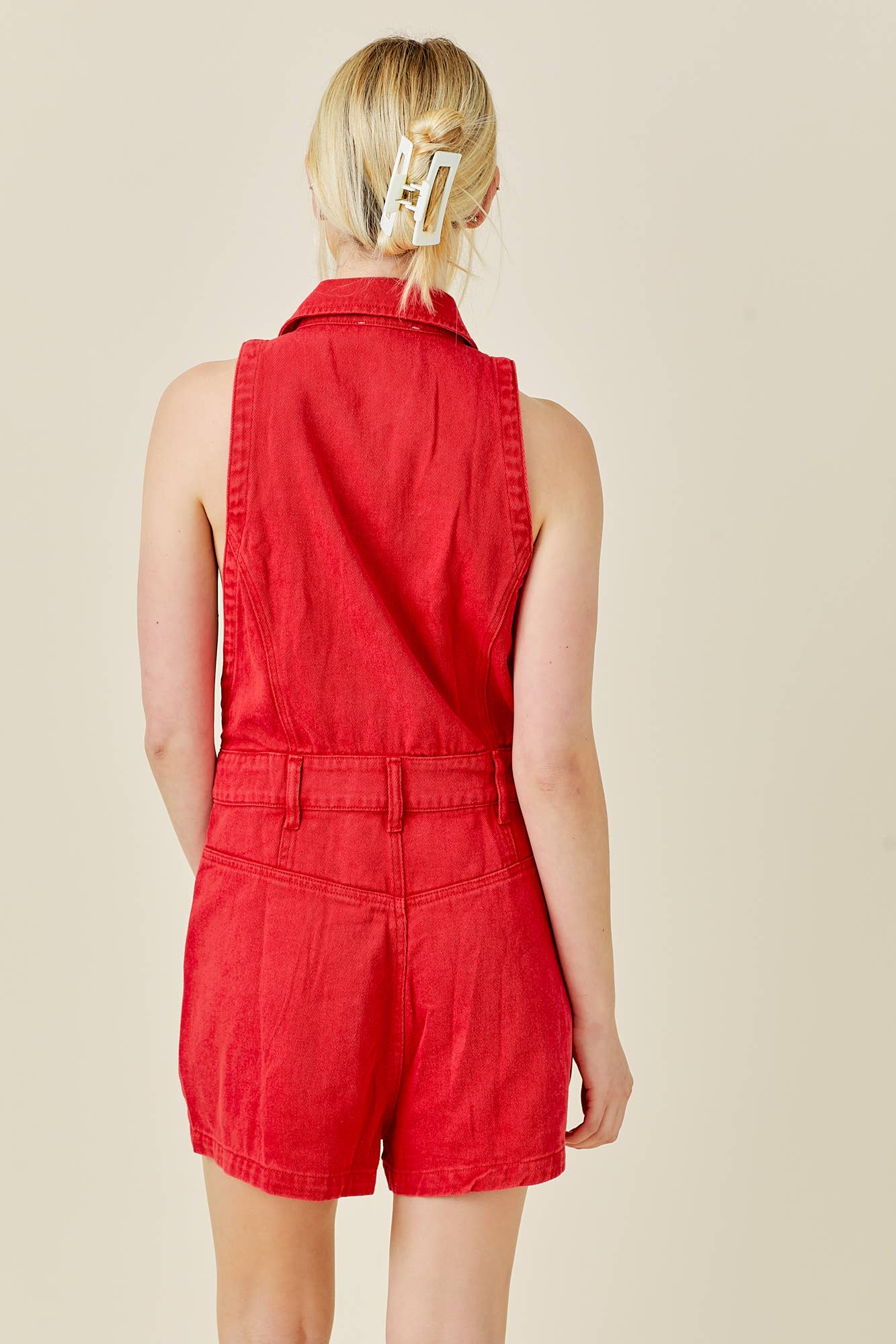 RED DENIM ROMPER