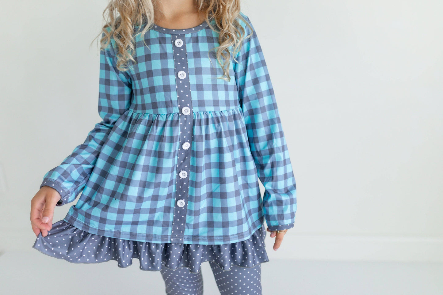 GIRLS DUSTY BLUE GINGHAM SET