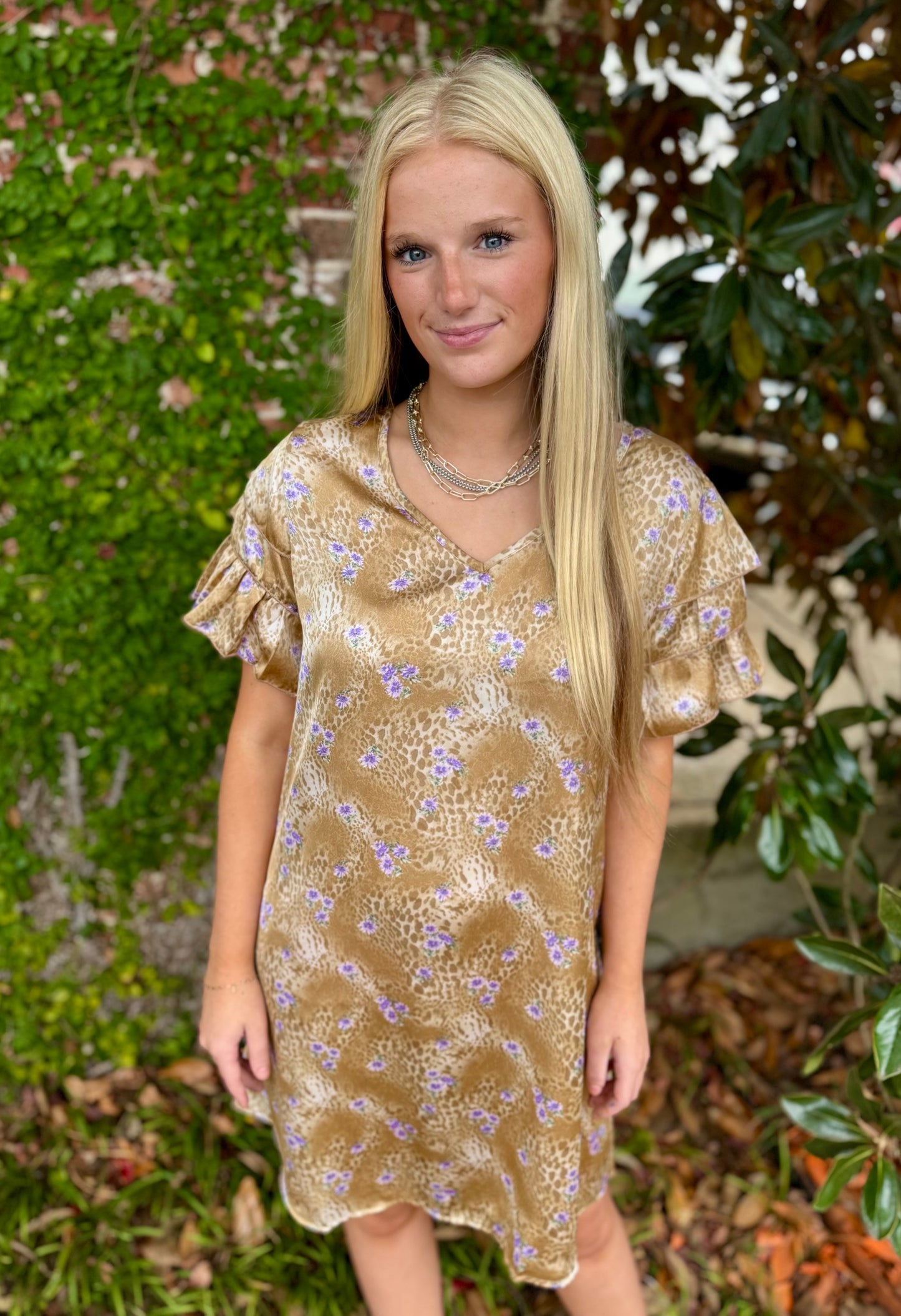 CHAMPAGNE SATIN FRILL SLEEVE DRESS