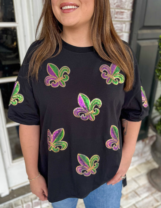 BLACK SEQUIN FLEUR DE LIS OVERSIZED TEE