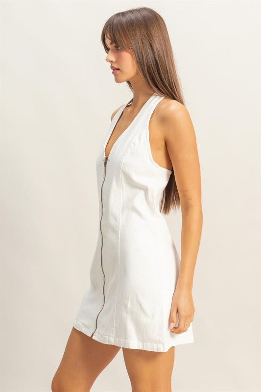 ZIP HALTER DRESS: WHITE DENIM