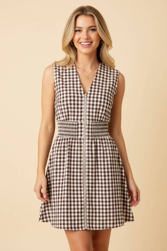 GINGHAM ZIP DRESS: BROWN