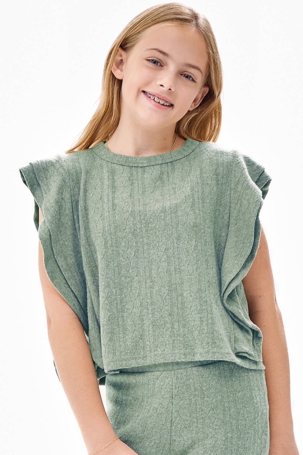 GIRLS RUFFLE SWEATER SET: OLIVE