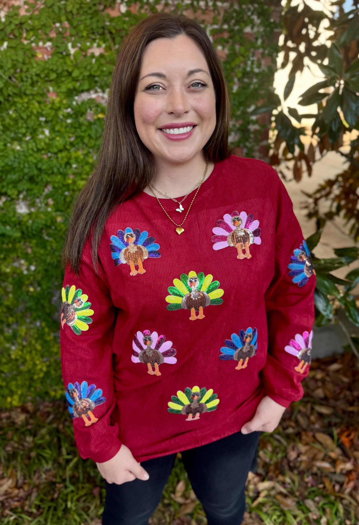 SEQUIN TURKEY PULLOVER: BURGUNDY