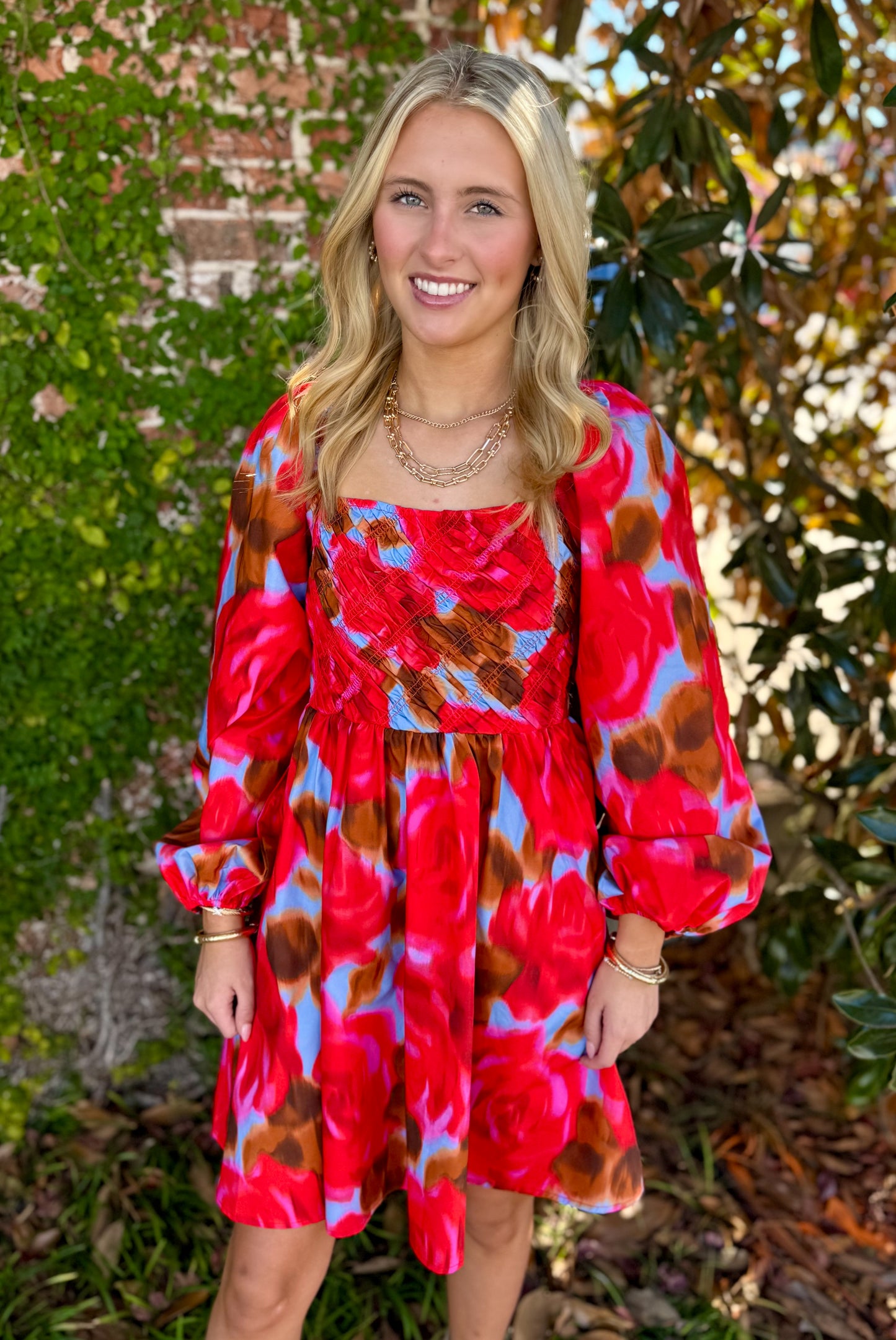 RED MULTI PUFF SLEEVE DRESS