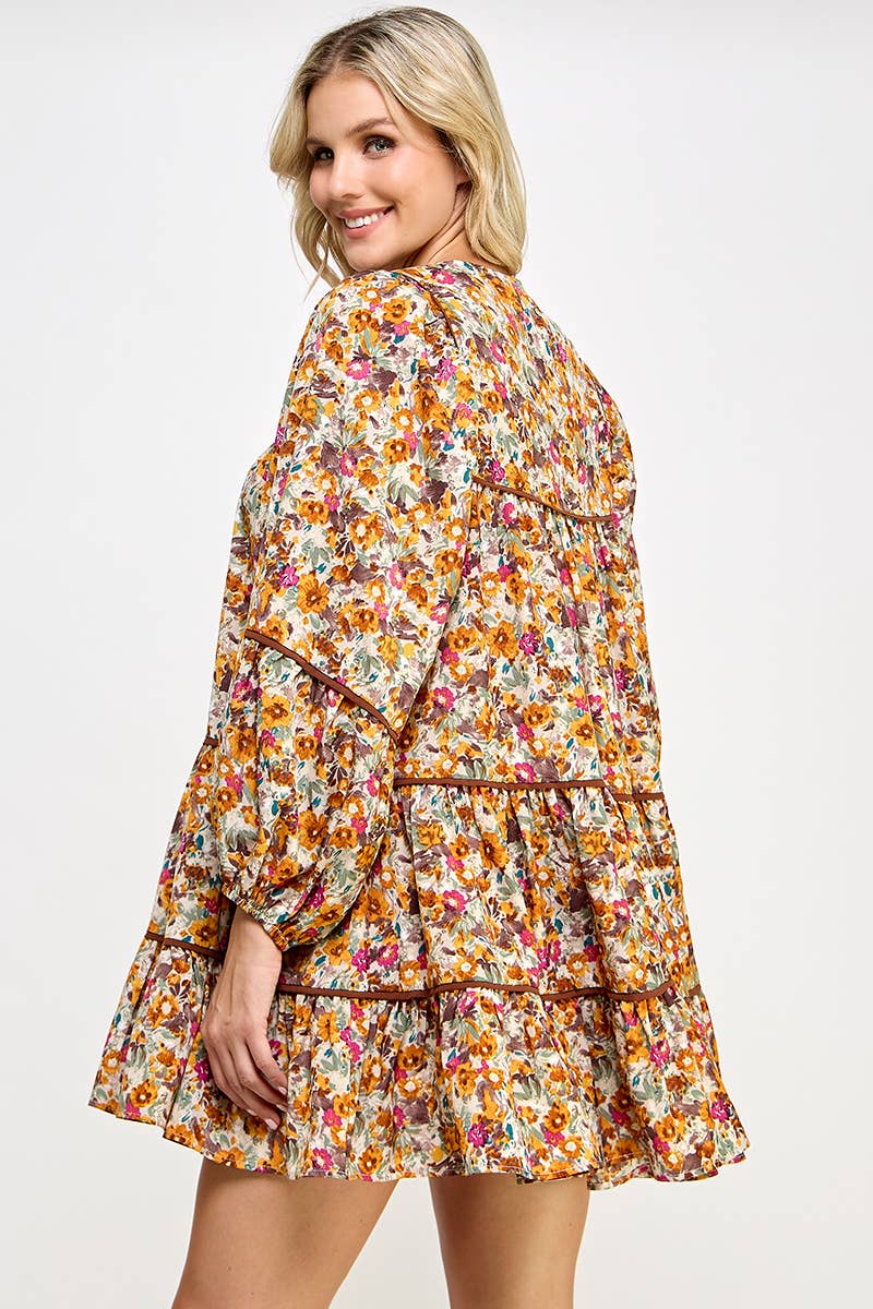 RUST FLORAL BALLOON SLEEVE DRESS