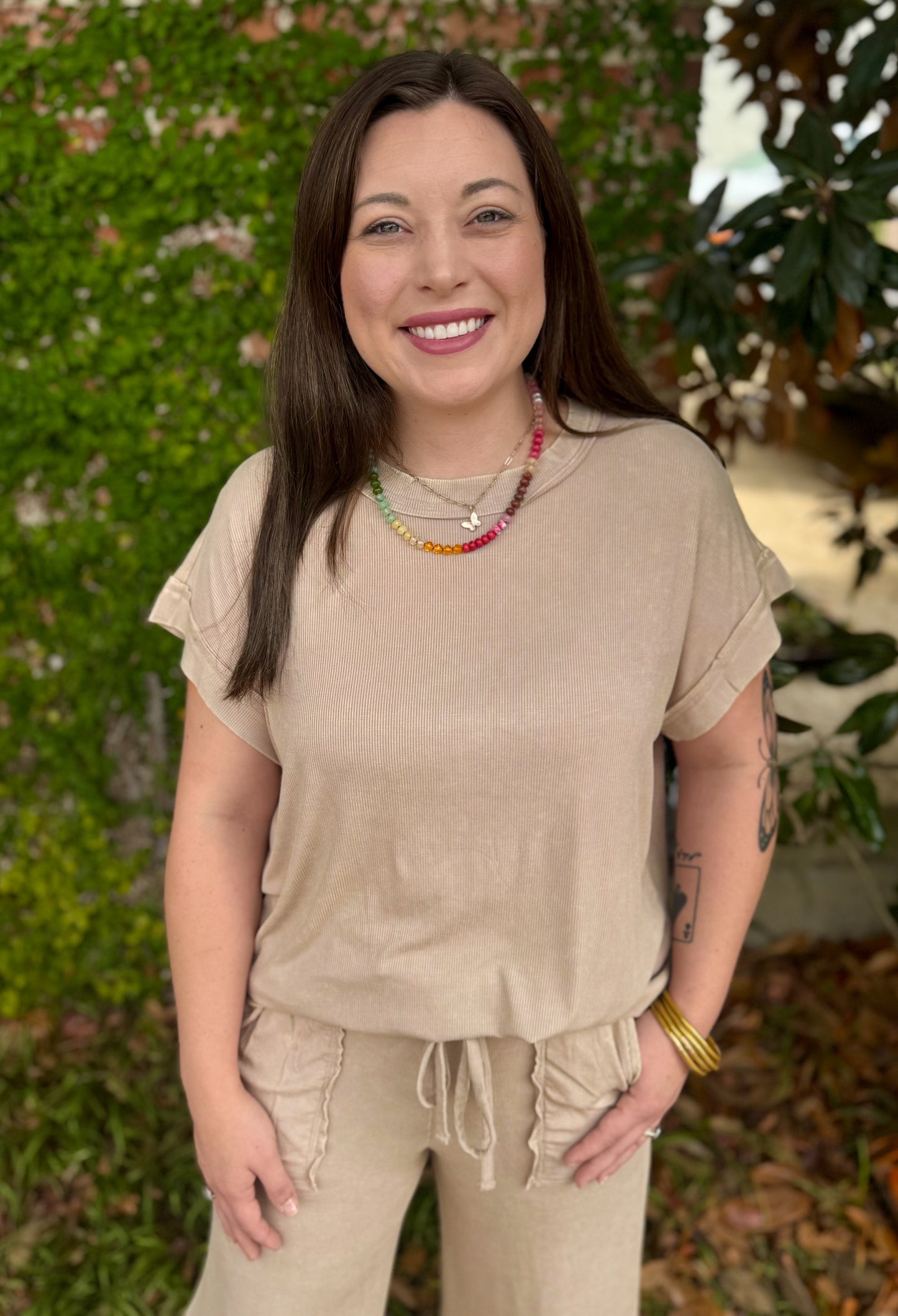 RIBBED KNIT PANT SET: TAUPE