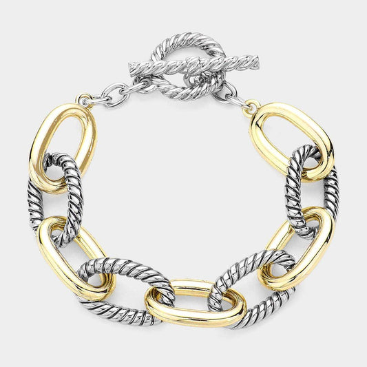 TWO TONE CABLE TOGGLE BRACELET: SILVER GOLD