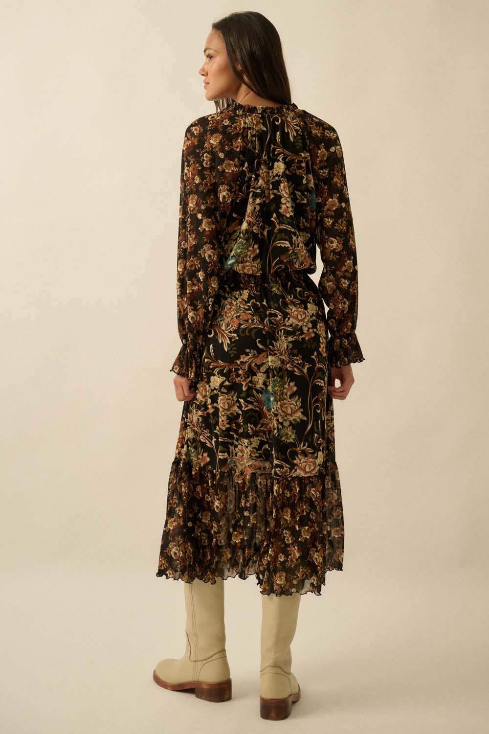 FLORAL PRINT BUTTON UP RUFFLE MAXI: BLACK