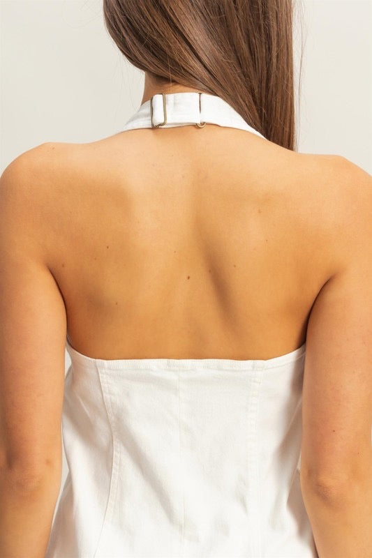 ZIP HALTER DRESS: WHITE DENIM