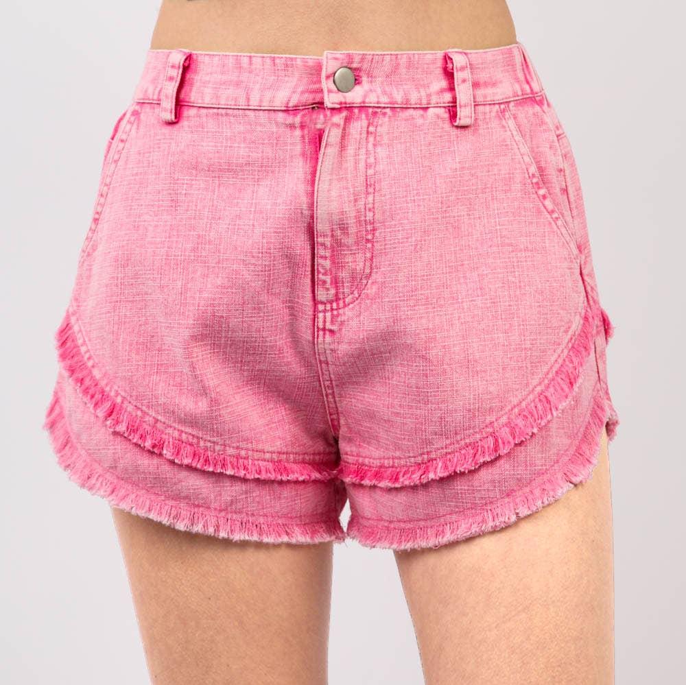 FRAYED DENIM SHORT: BARBIE PINK