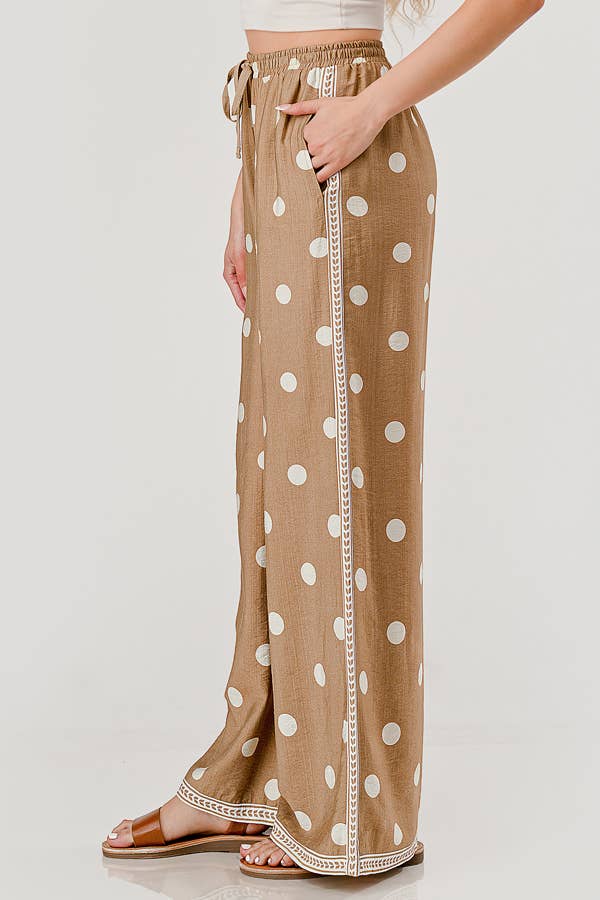 DRAWSTRING POLKA DOT PANT: TAUPE