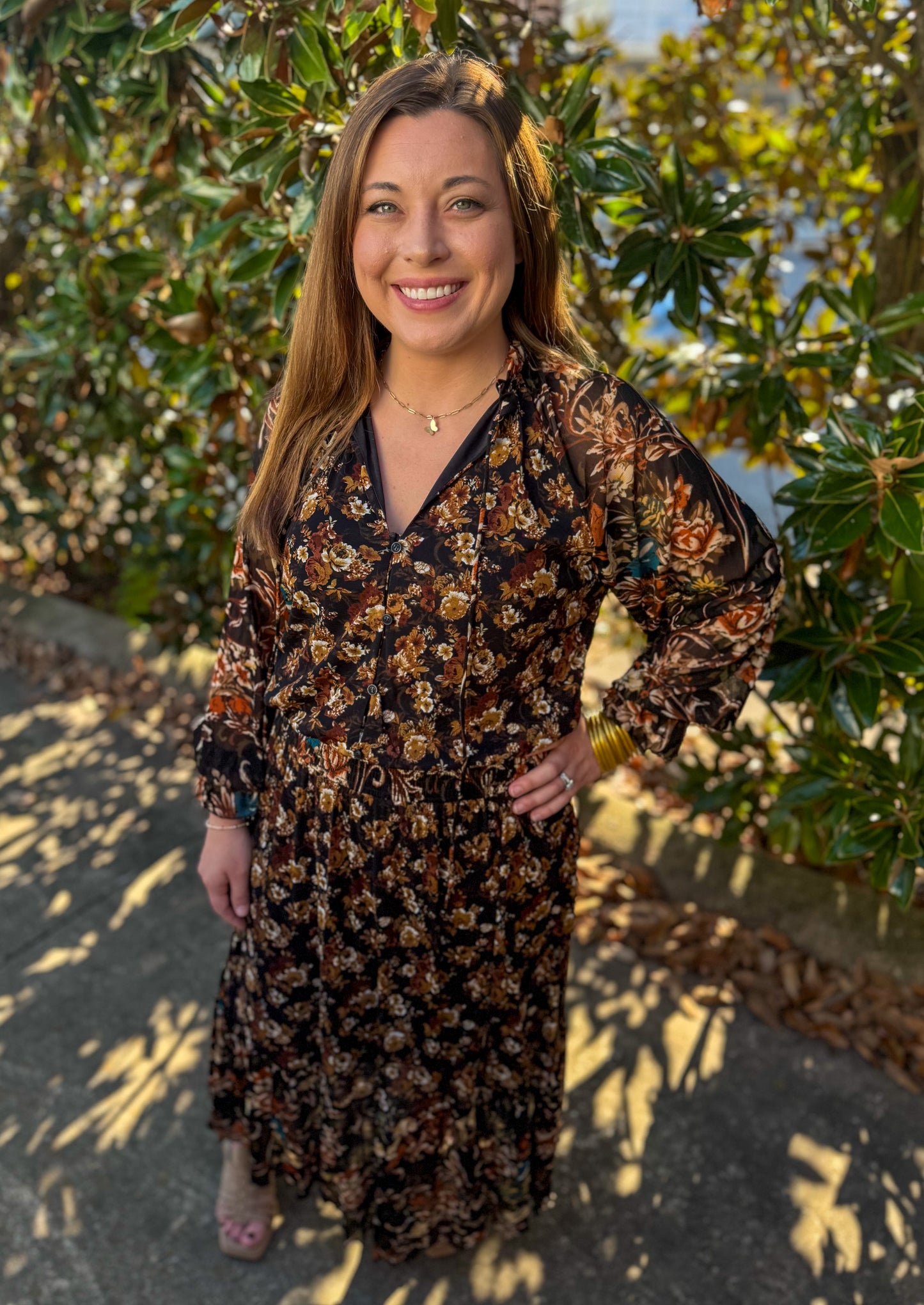 FLORAL PRINT BUTTON UP RUFFLE MAXI: BLACK