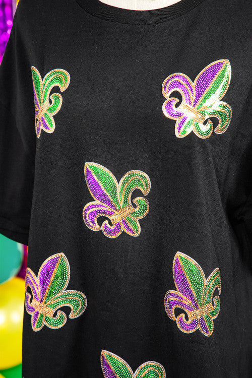 BLACK SEQUIN FLEUR DE LIS OVERSIZED TEE