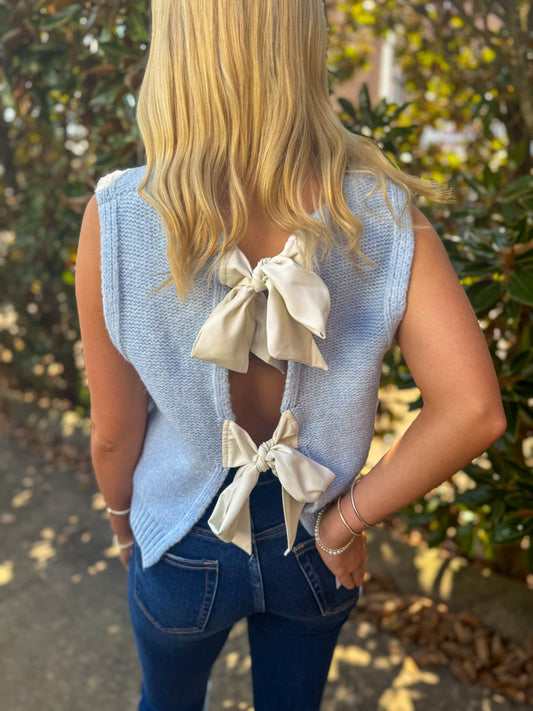 BACK BOW TIE SWEATER: POWDER BLUE