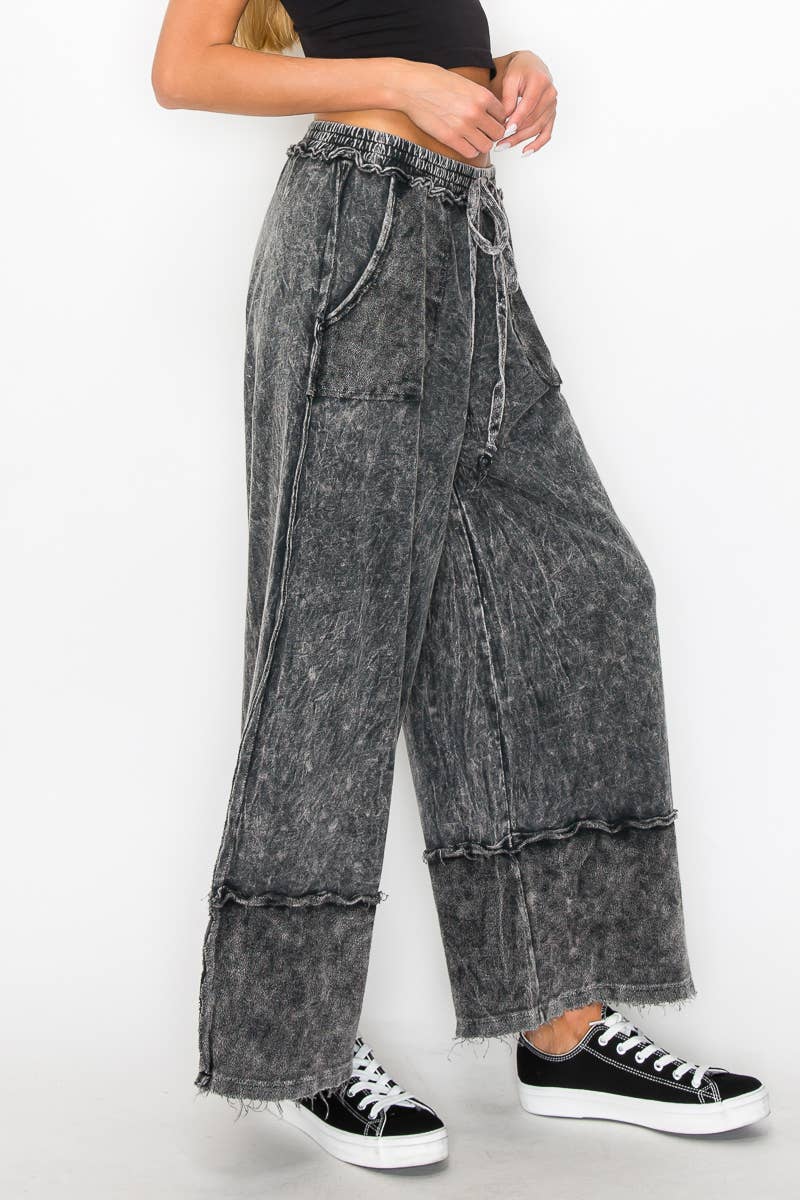 MINERAL WASH RAW HEM PANTS- ASH BLACK