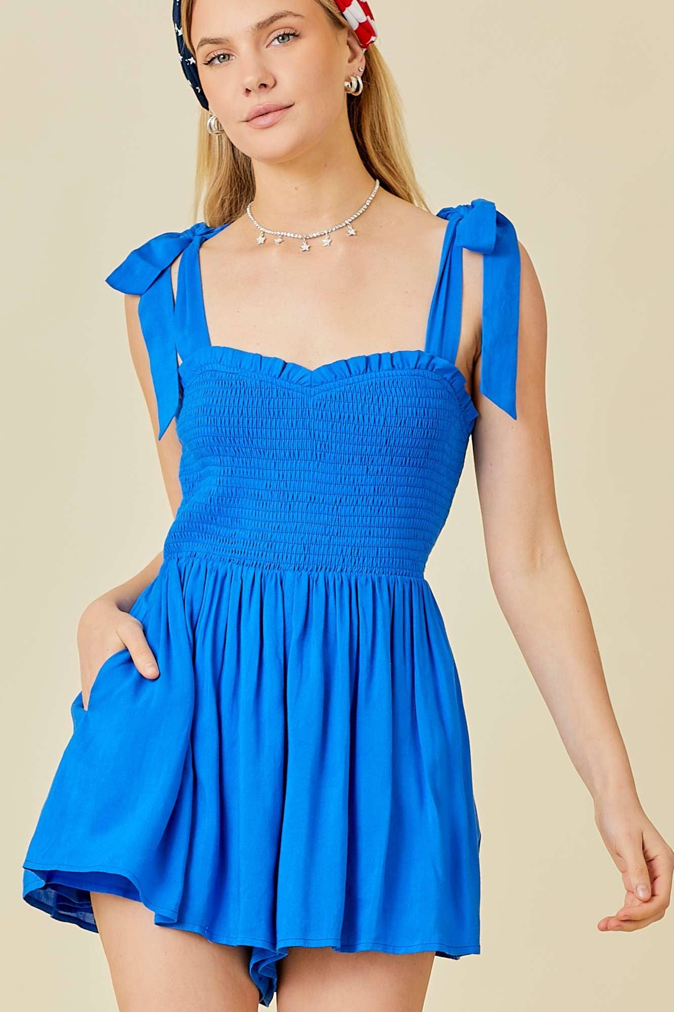 ROYAL BLUE SHOULDER TIE ROMPER