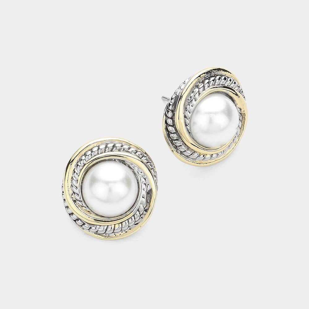 14K GOLD PLATE TWO TONE PEARL STUD EARRINGS