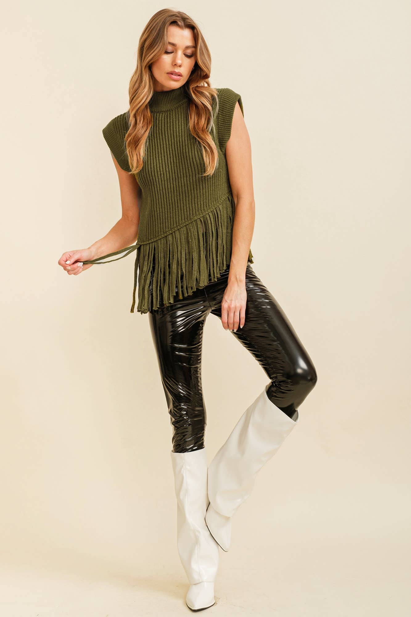 FRINGE TURTLENECK SWEATER: OLIVE