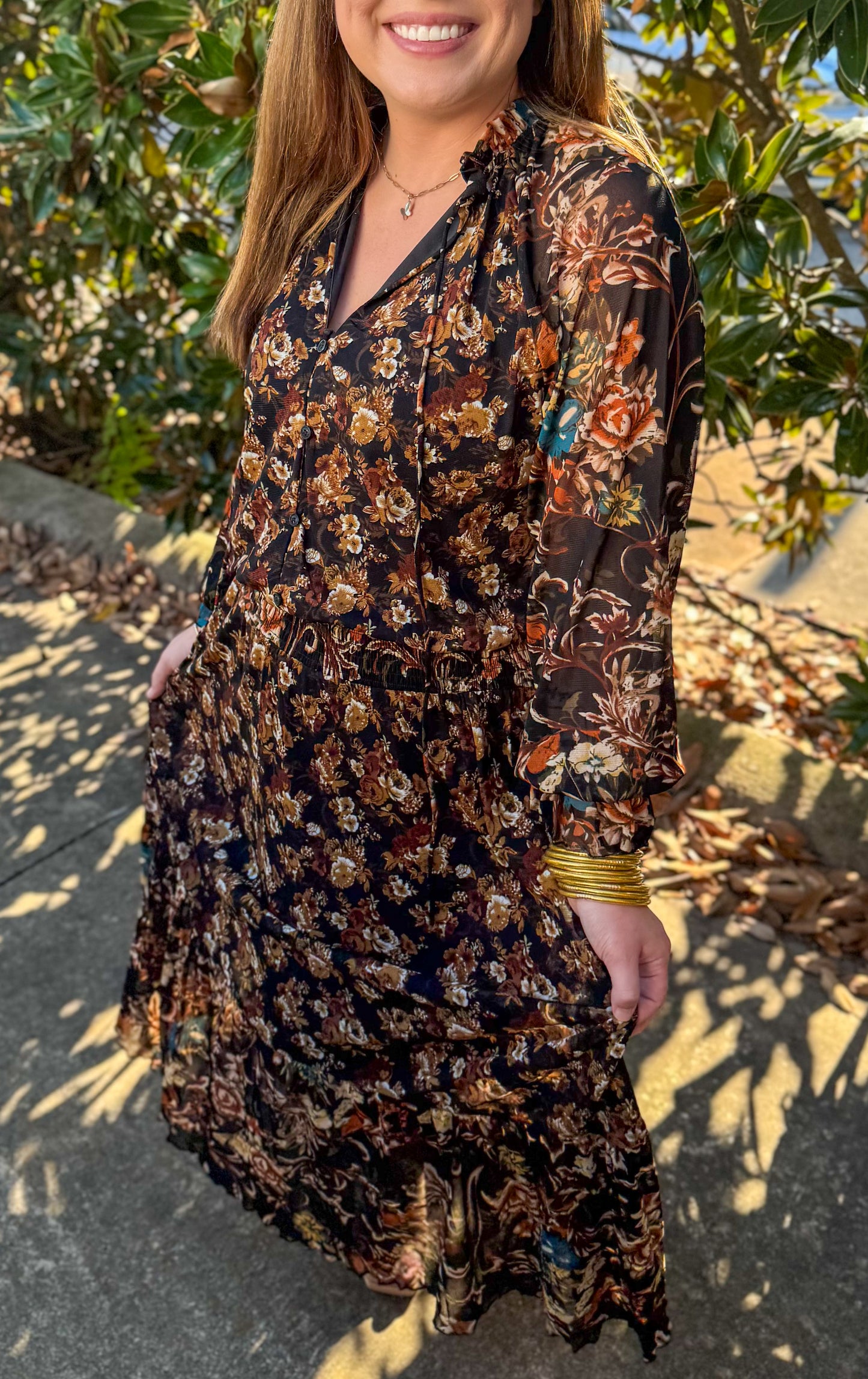 FLORAL PRINT BUTTON UP RUFFLE MAXI: BLACK