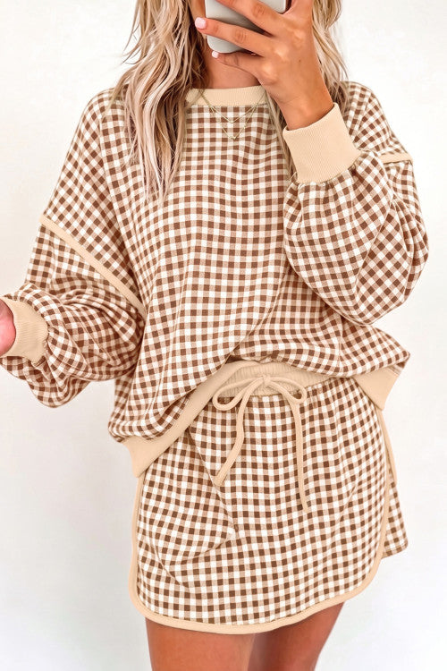 CHECKED SKORT SET: BROWN